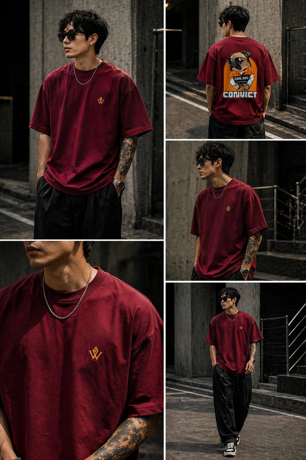 Collage of a person wearing a maroon t-shirt with a logo, standing in an urban setting.