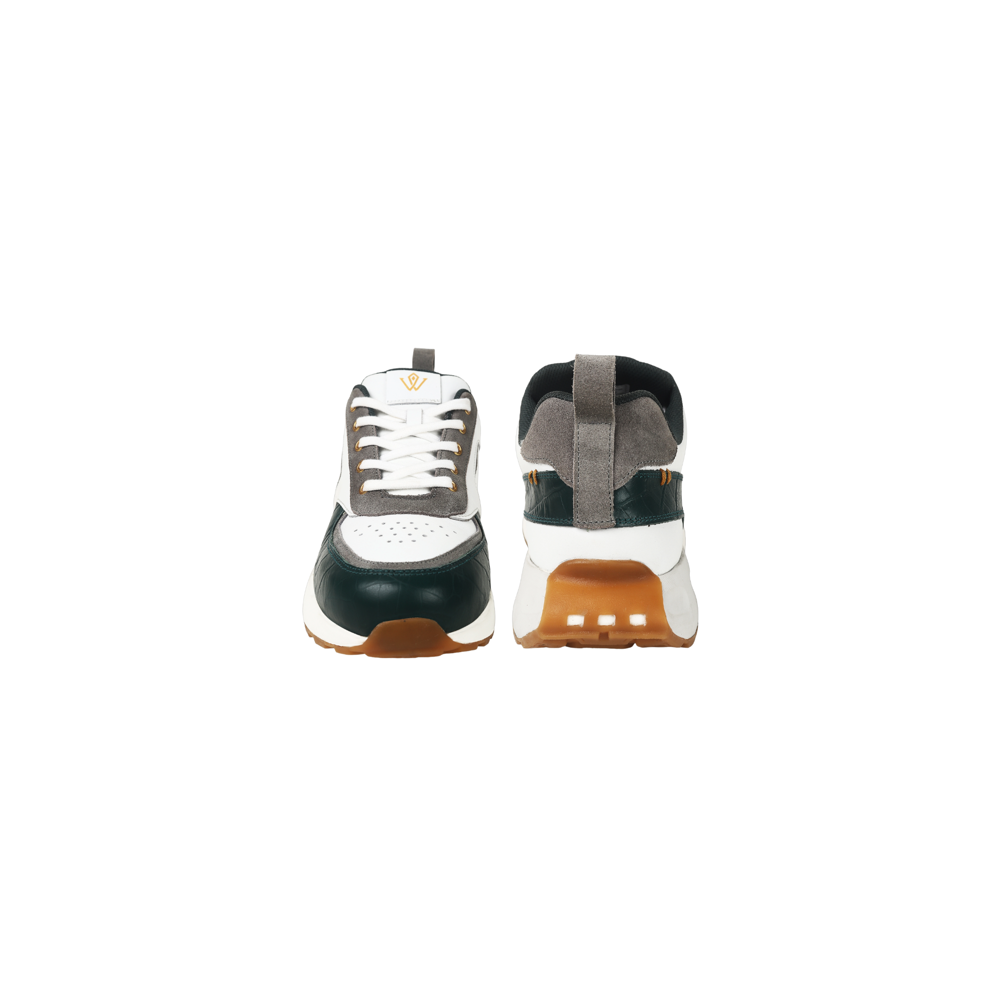 Pair of leather sneakers showing front and back views on a white background