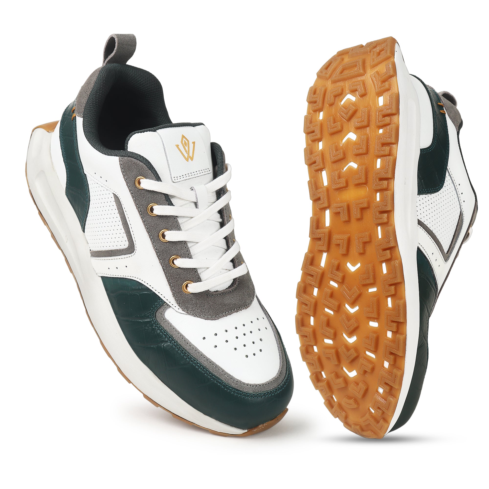 Leather sneakers for men with white, gray, and brown design on a white background