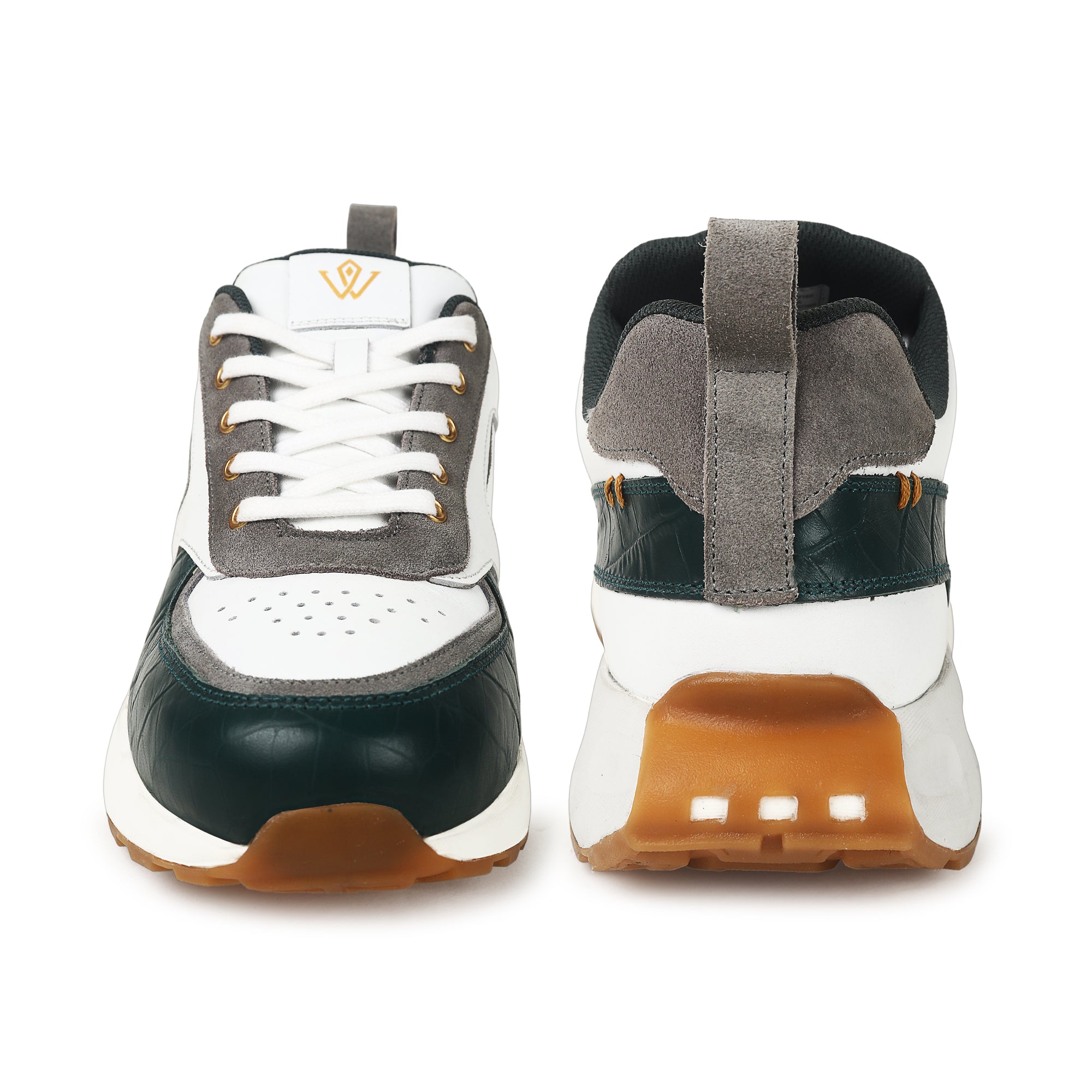 Pair of sneakers showing front and back views on a white background