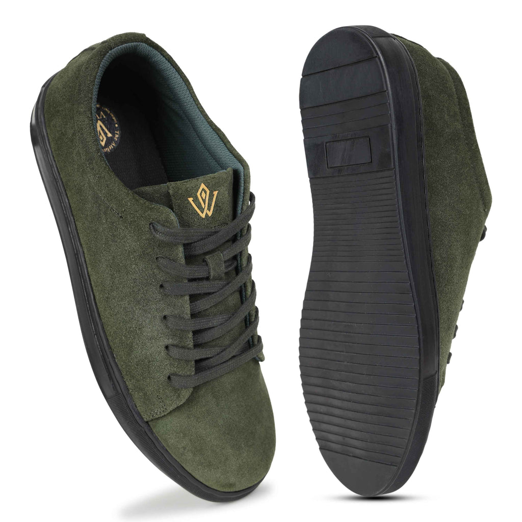 DEODAR olive green suede sneakers with gold VVID monogram, handcrafted in India