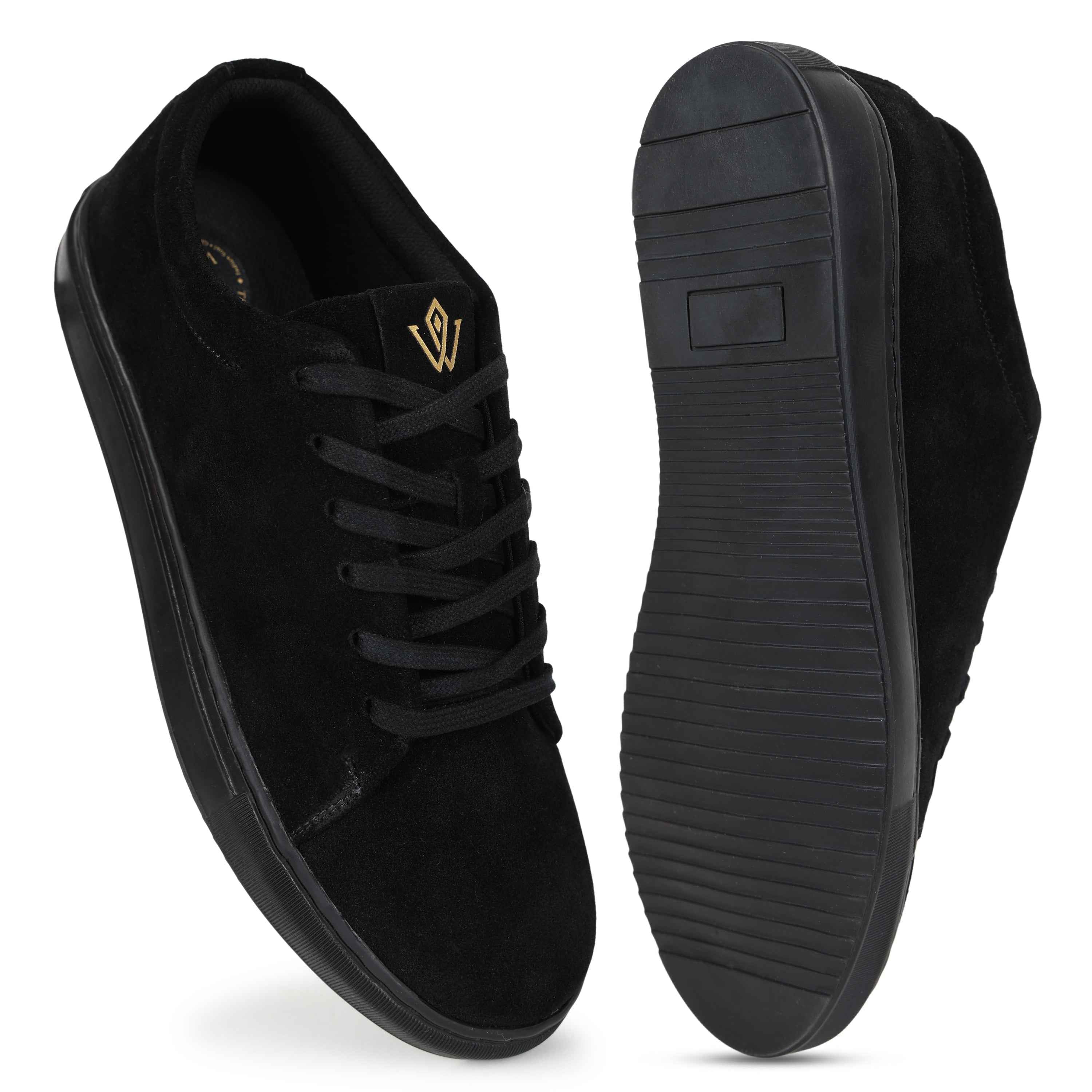 KOHL triple black suede sneakers with gold VVID monogram, handcrafted in India