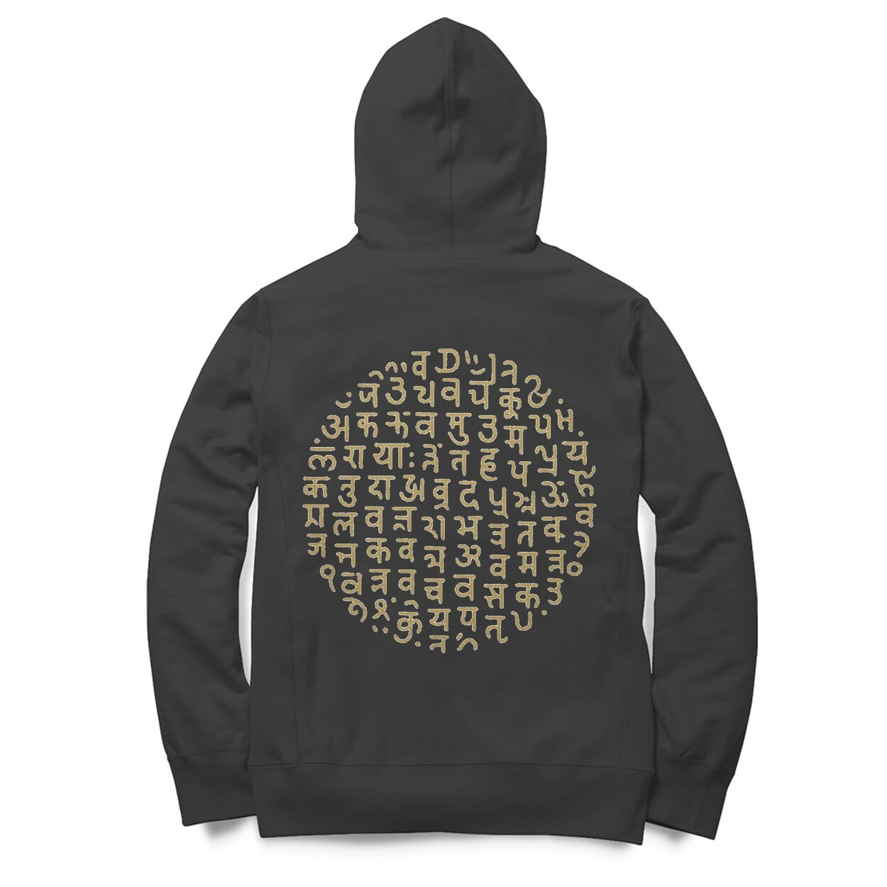 Golden Sanskrit mandala script hoodie – VVID Essentials spiritual minimal design.