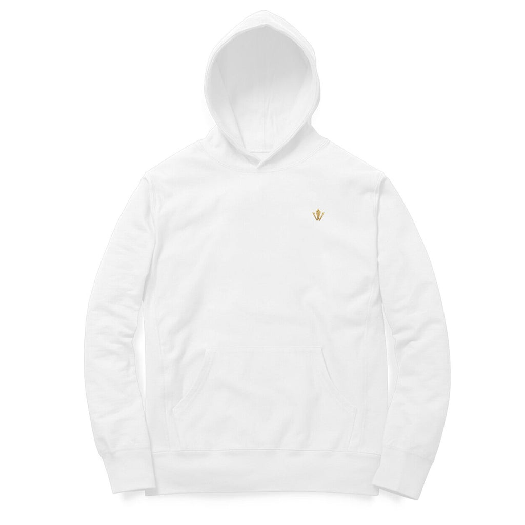 Front View - Golden Sanskrit mandala script hoodie – VVID Essentials spiritual minimal design.