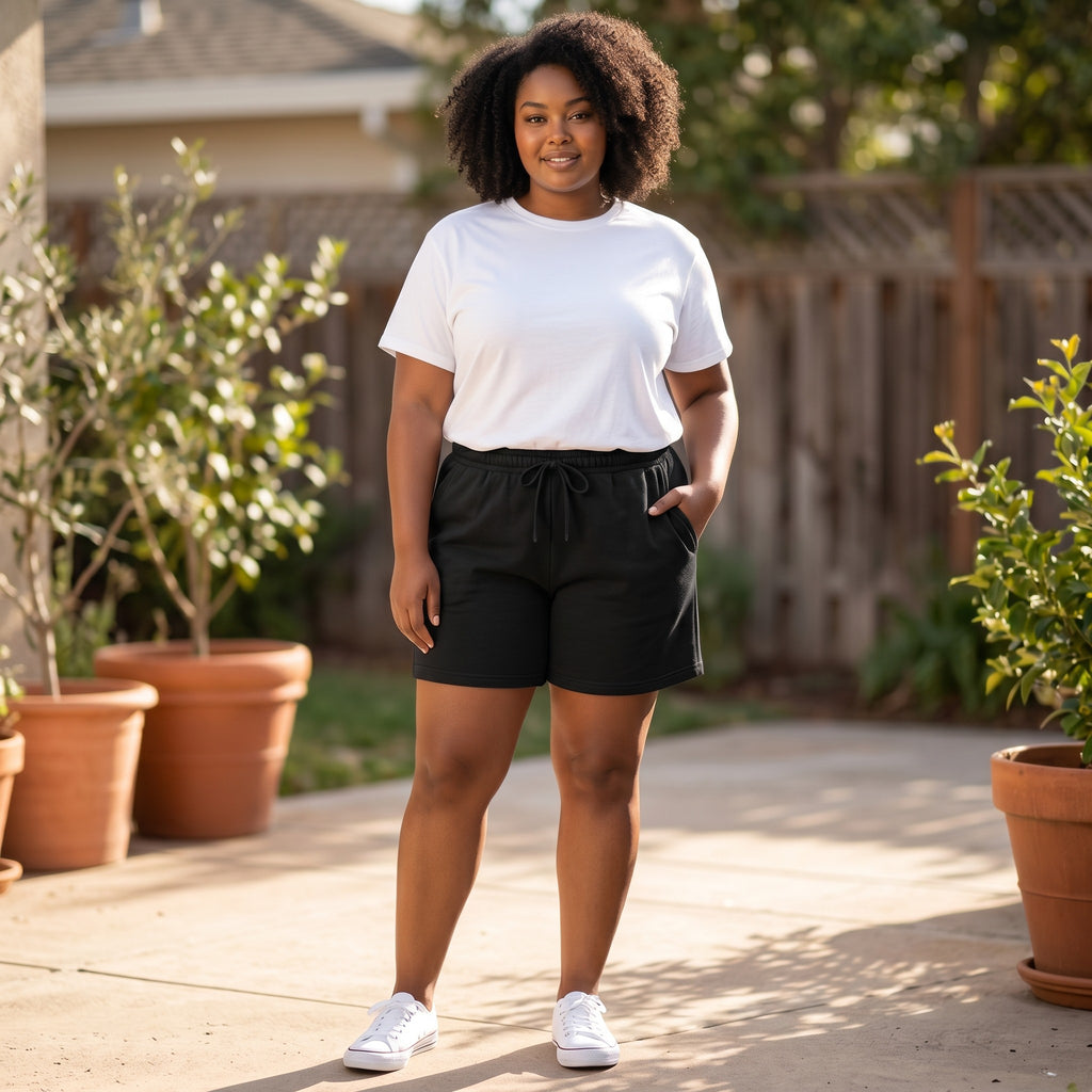 VVID - Black cotton blend drawstring shorts with elastic waistband and side pockets.