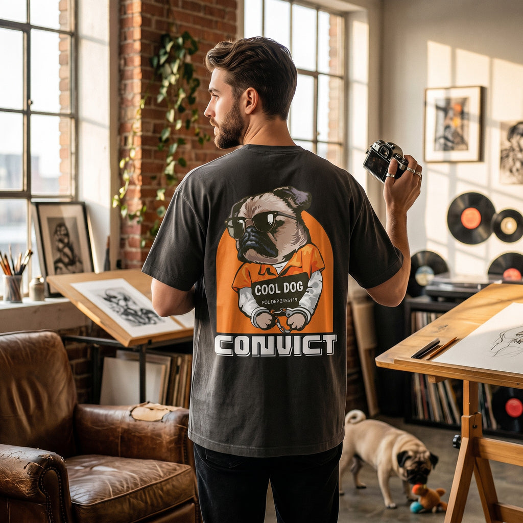 VVID Cool Dog Pug T-Shirt - Oversized premium streetwear tee with a pug in an orange jumpsuit and sunglasses, handcuffs, and "CONVICT" text.