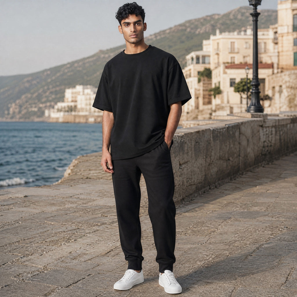 VVID Essentials black cotton fleece joggers with tapered fit, elastic waistband, and ribbed cuffs.