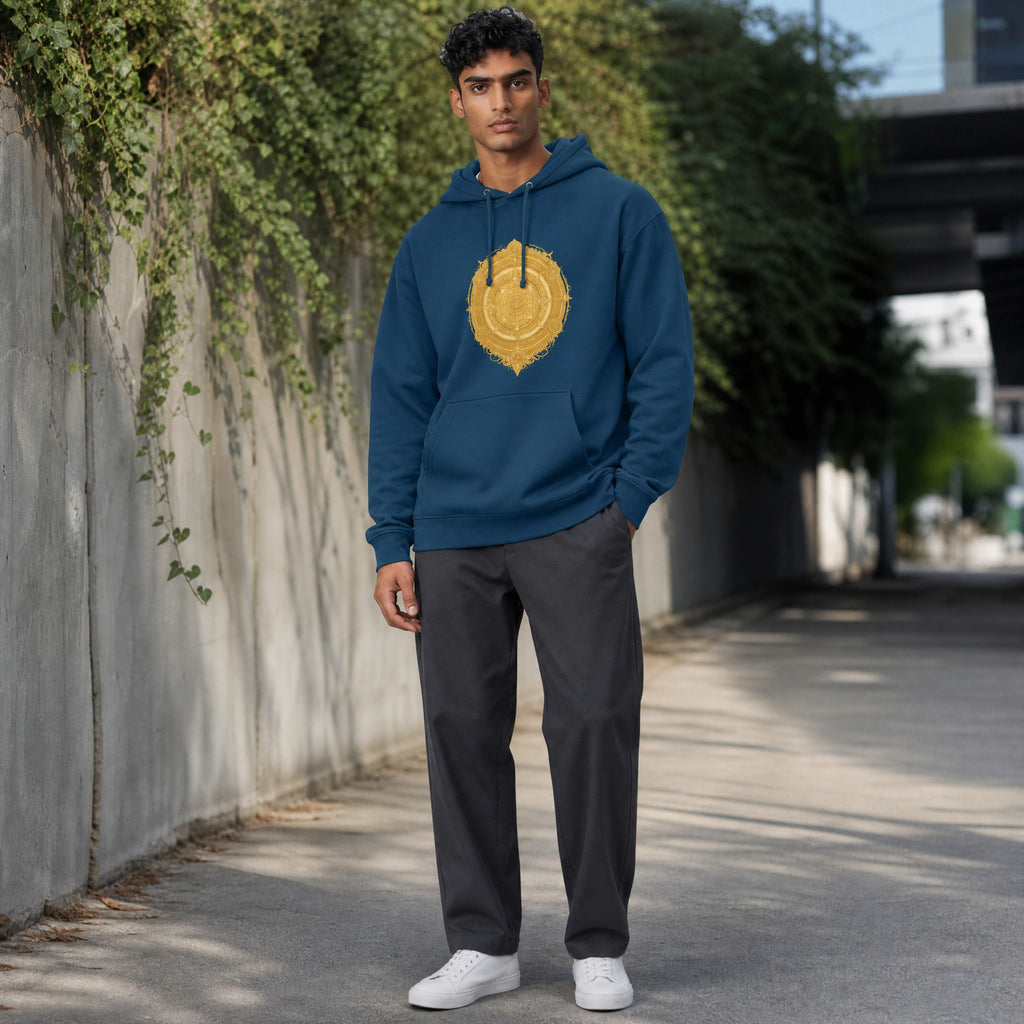 VVID Essentials deep black heavyweight hoodie with a metallic gold sacred geometry emblem on the back.