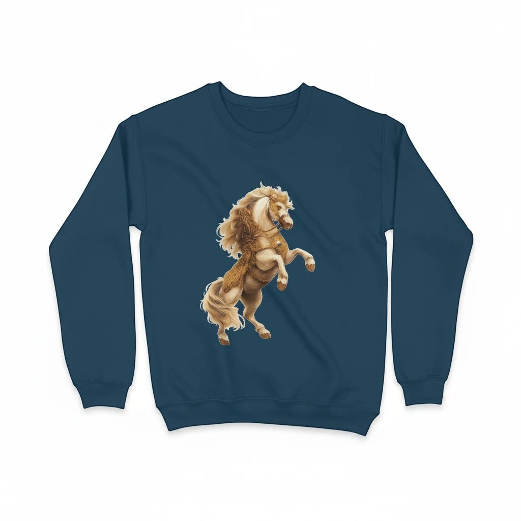 VVID Essentials Kalki Guardian sweatshirt in navy blue with a golden celestial horse graphic. Made from 320 GSM bio-washed fleece.