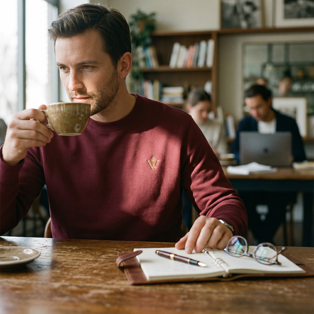 VVID Essentials maroon cotton-blend sweatshirt with gold sacred geometry symbol on chest. Unisex, regular fit.