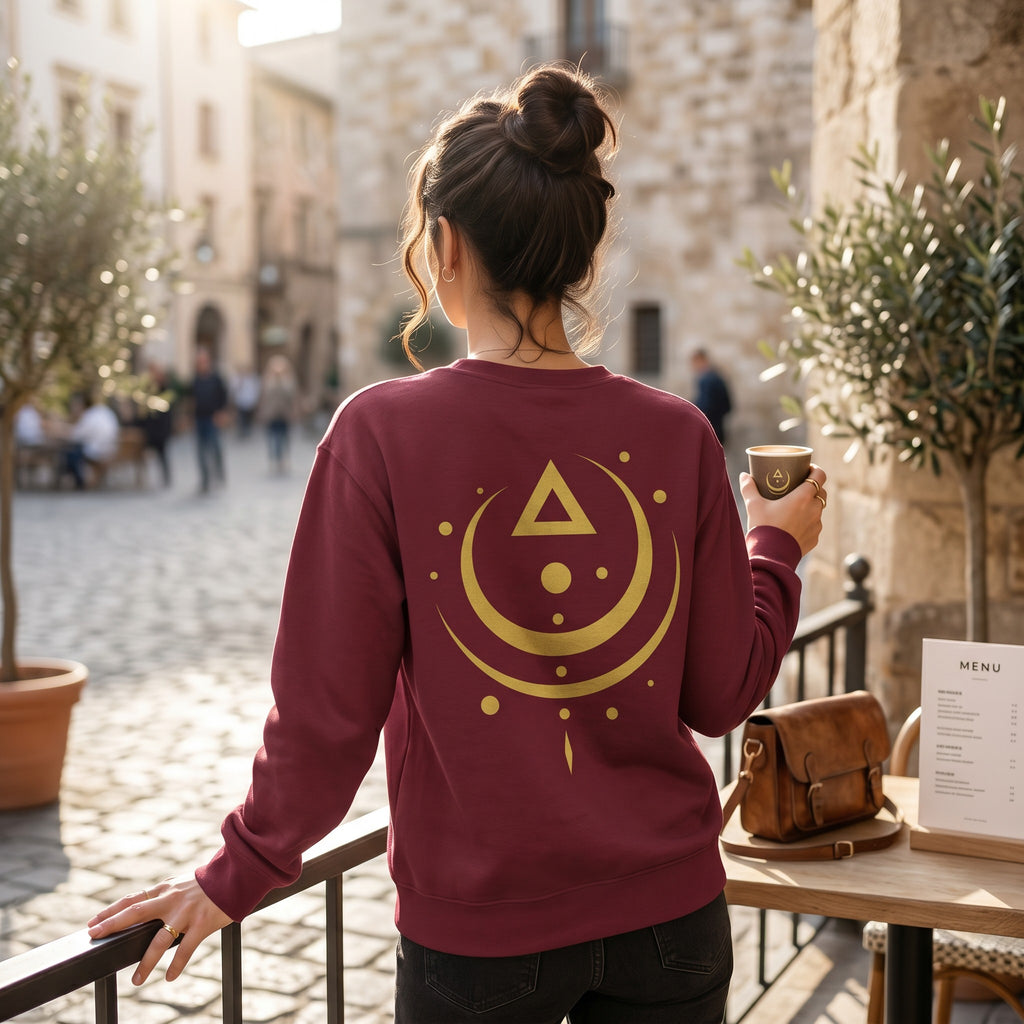 VVID Essentials maroon cotton-blend sweatshirt with gold sacred geometry symbol on back. Unisex fit.