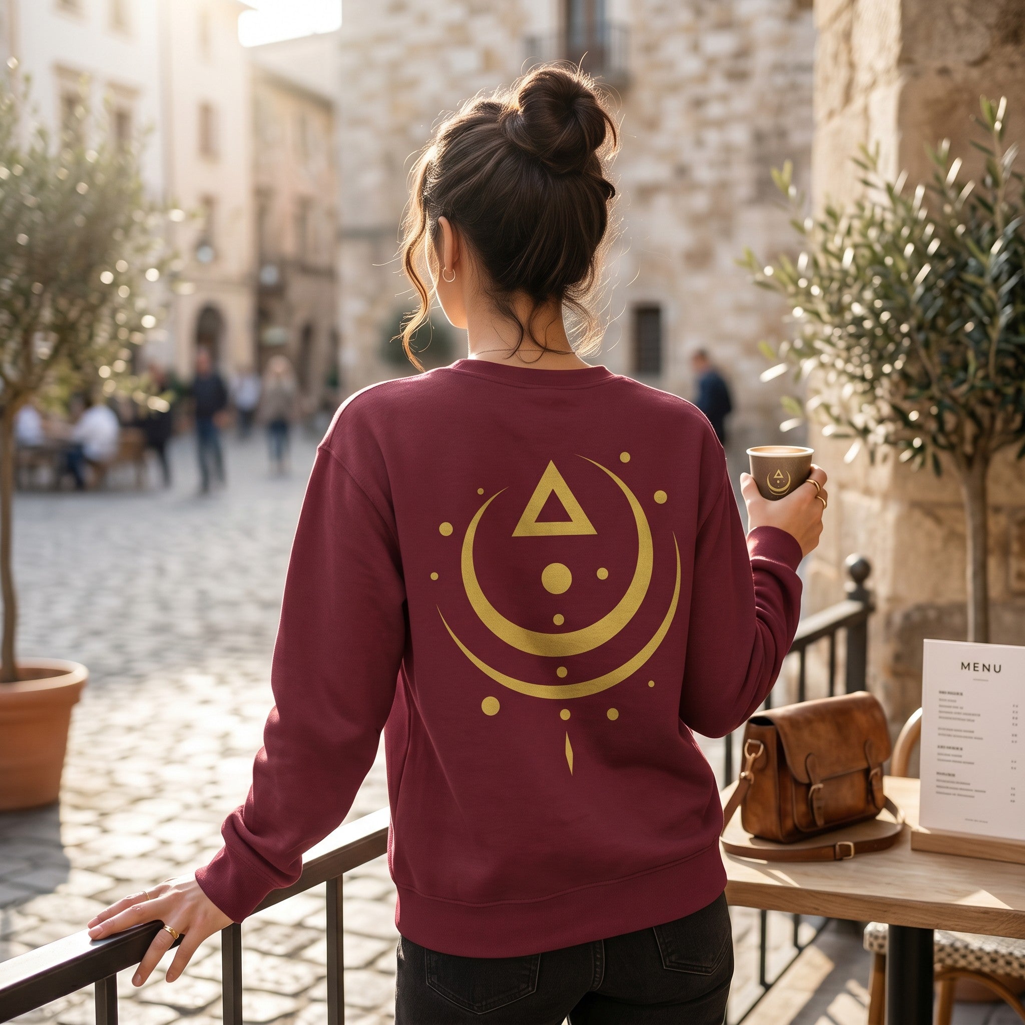 VVID Essentials maroon cotton-blend sweatshirt with gold sacred geometry symbol on back. Unisex fit.