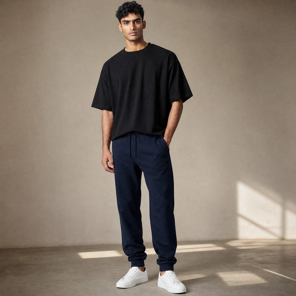 VVID Essentials navy blue cotton fleece joggers with tapered fit, elastic waistband, and ribbed cuffs.