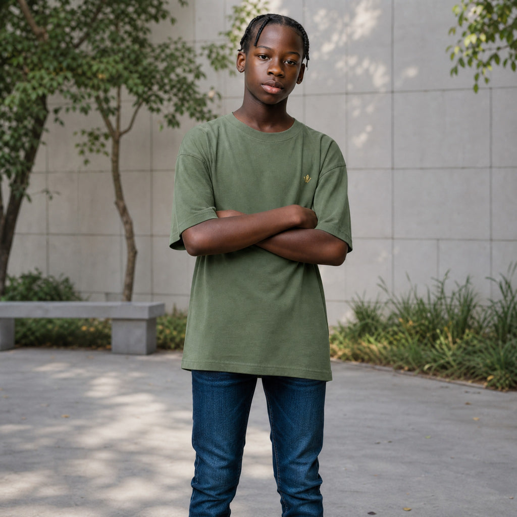 VVID Essentials oversized olive green cotton-polyester blend t-shirt with gold 'Breath of The Universe' chest logo.