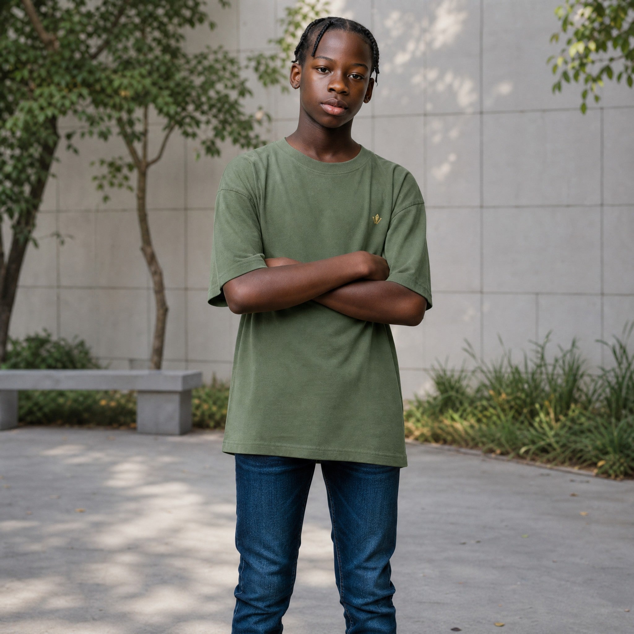 VVID Essentials oversized olive green cotton-polyester blend t-shirt with gold 'Breath of The Universe' chest logo.