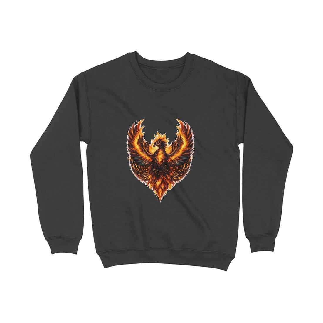 VVID Essentials dark grey crewneck sweatshirt with a vibrant, fiery phoenix graphic printed on the chest.