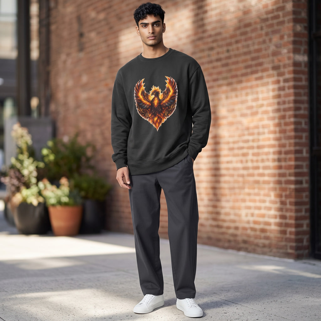 VVID Essentials dark grey crewneck sweatshirt with a vibrant, fiery phoenix graphic printed on the chest.