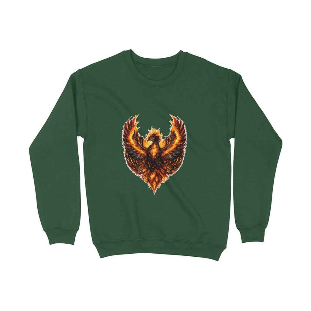 VVID Essentials dark green cotton-blend sweatshirt with a vibrant, fiery phoenix graphic print on the chest.