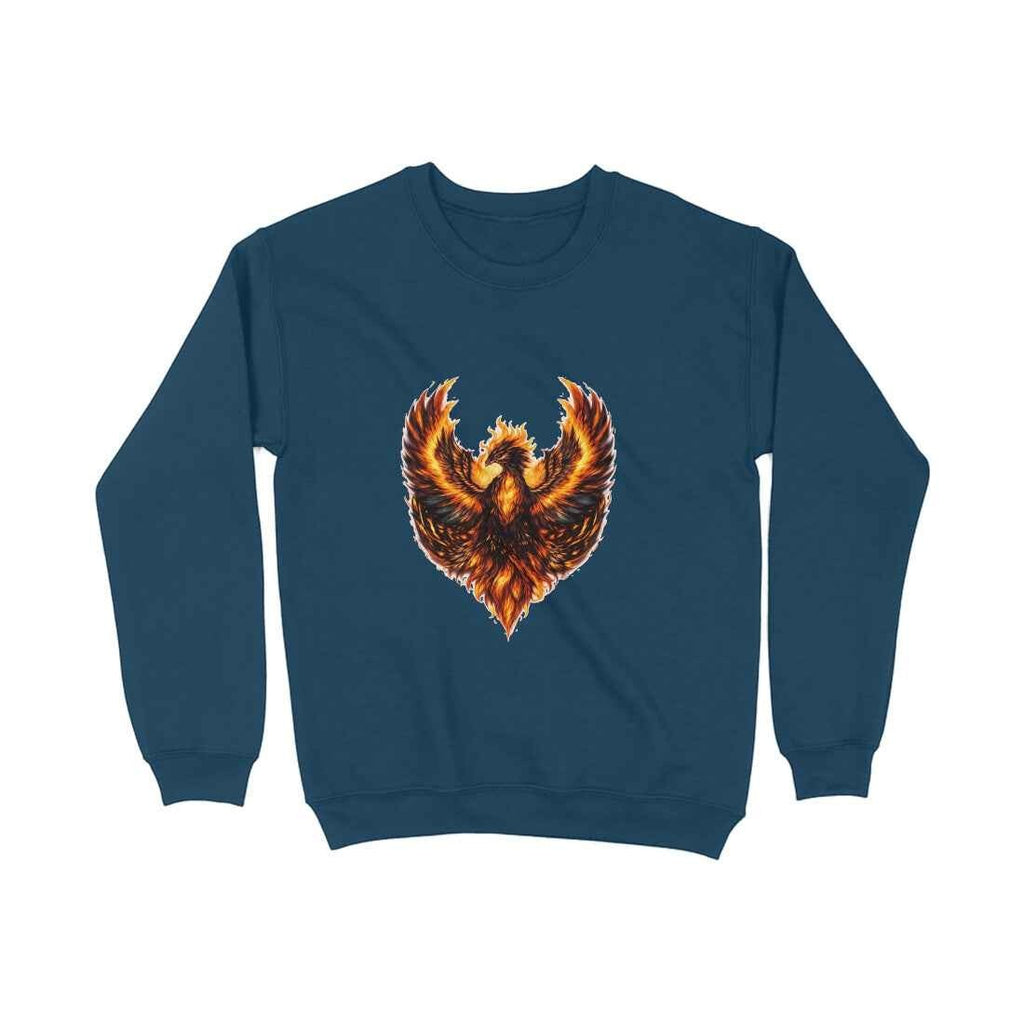 VVID Essentials dark teal crewneck sweatshirt with a vibrant, fiery phoenix graphic on the chest. Made from cotton blend.