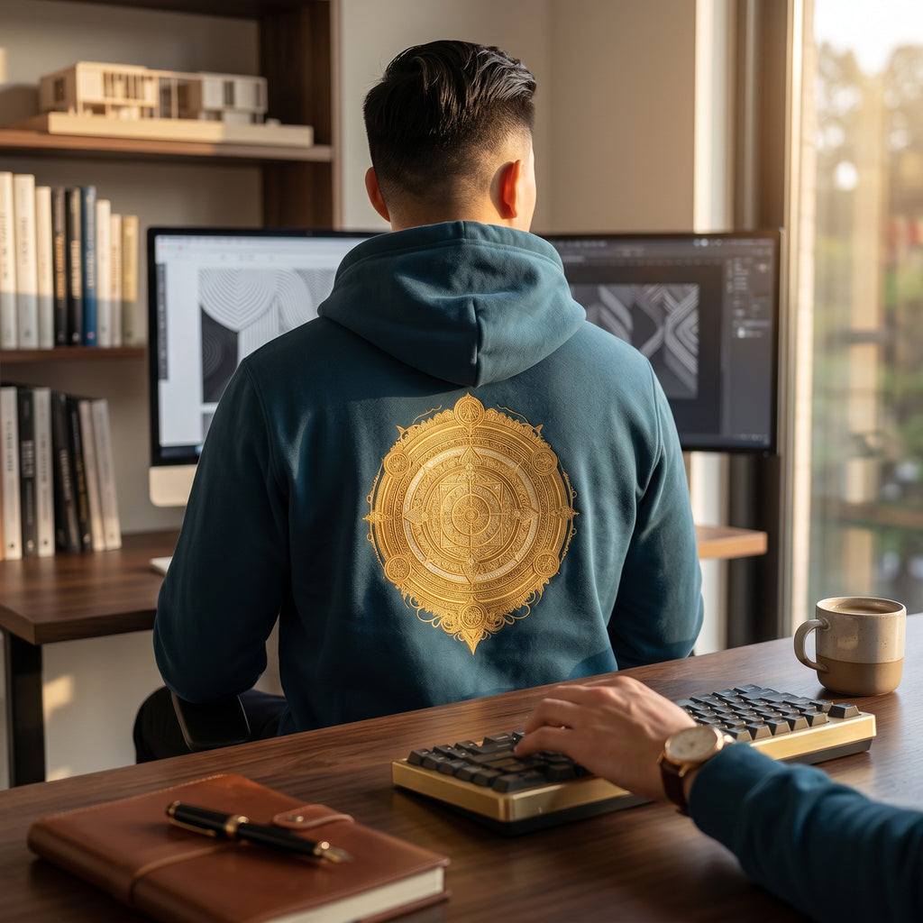VVID Essentials deep black unisex hoodie with metallic gold sacred geometry emblem on back. Heavyweight cotton blend.