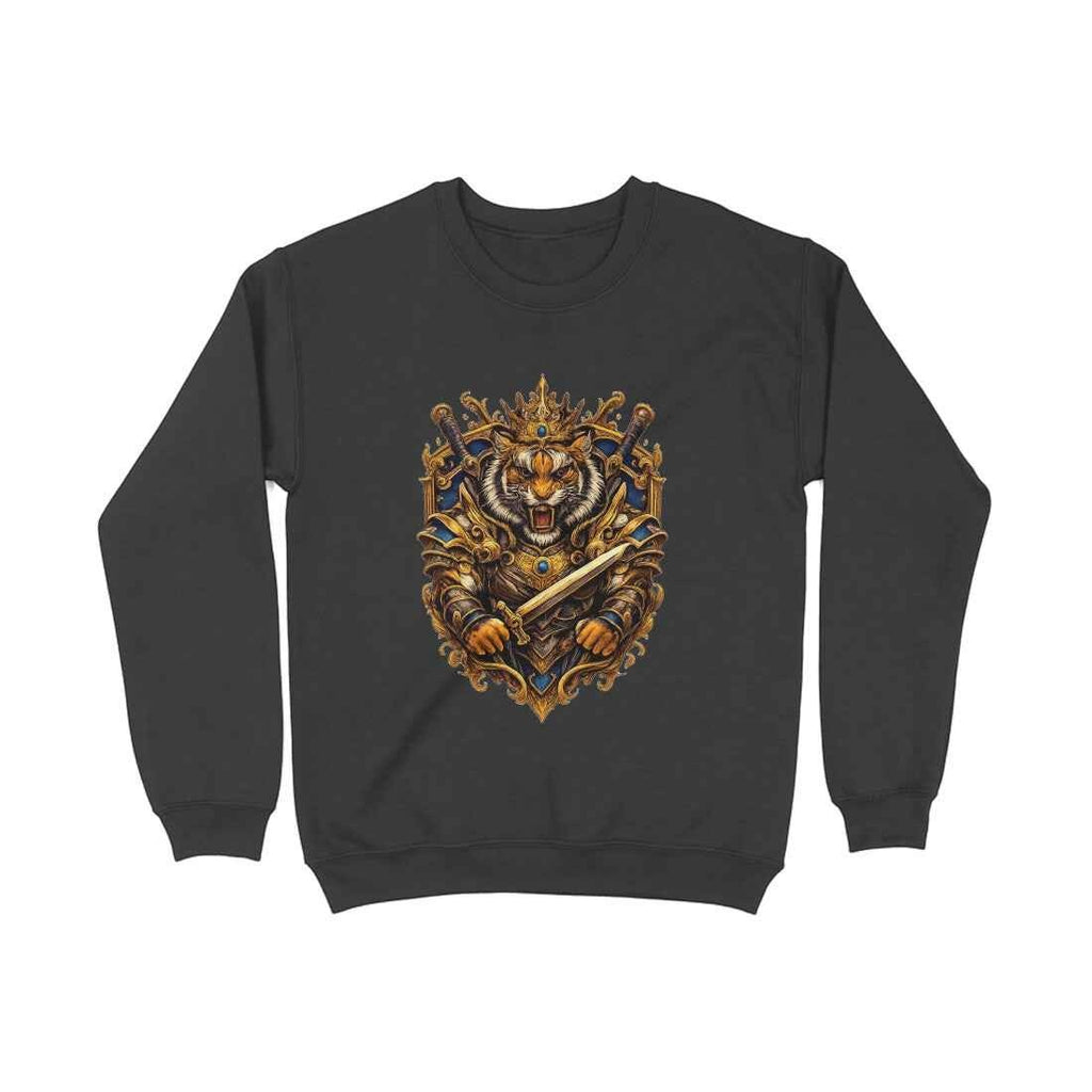 VVID Essentials charcoal grey crewneck sweatshirt with a detailed Tiger King Guardian graphic featuring a tiger in armor with a crown and swords.