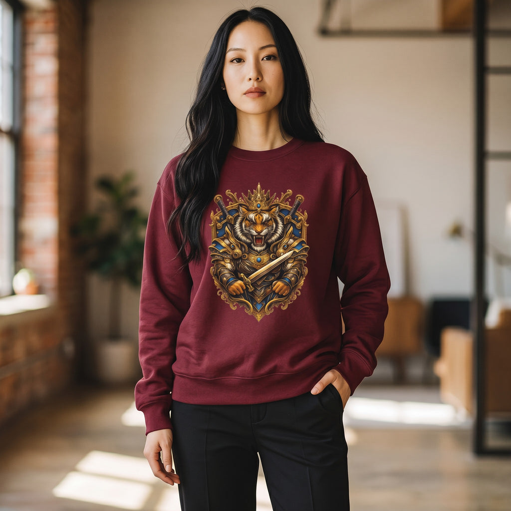 VVID Essentials Tiger King Guardian sweatshirt in maroon, featuring a detailed print of a tiger in armor with a crown and sword.