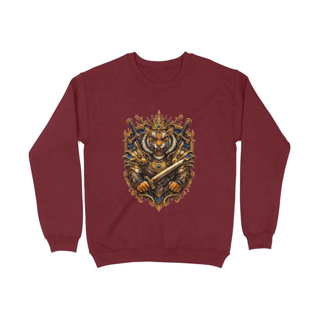 VVID Essentials Tiger King Guardian sweatshirt in maroon, featuring a detailed print of a tiger in armor with a crown and sword.