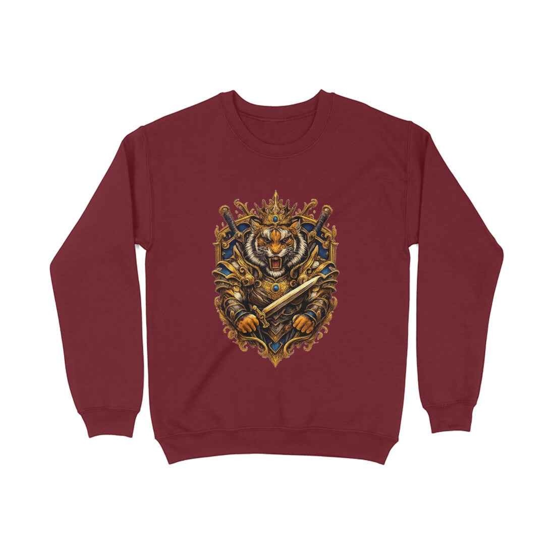 VVID Essentials Tiger King Guardian sweatshirt in maroon, featuring a detailed print of a tiger in armor with a crown and sword.