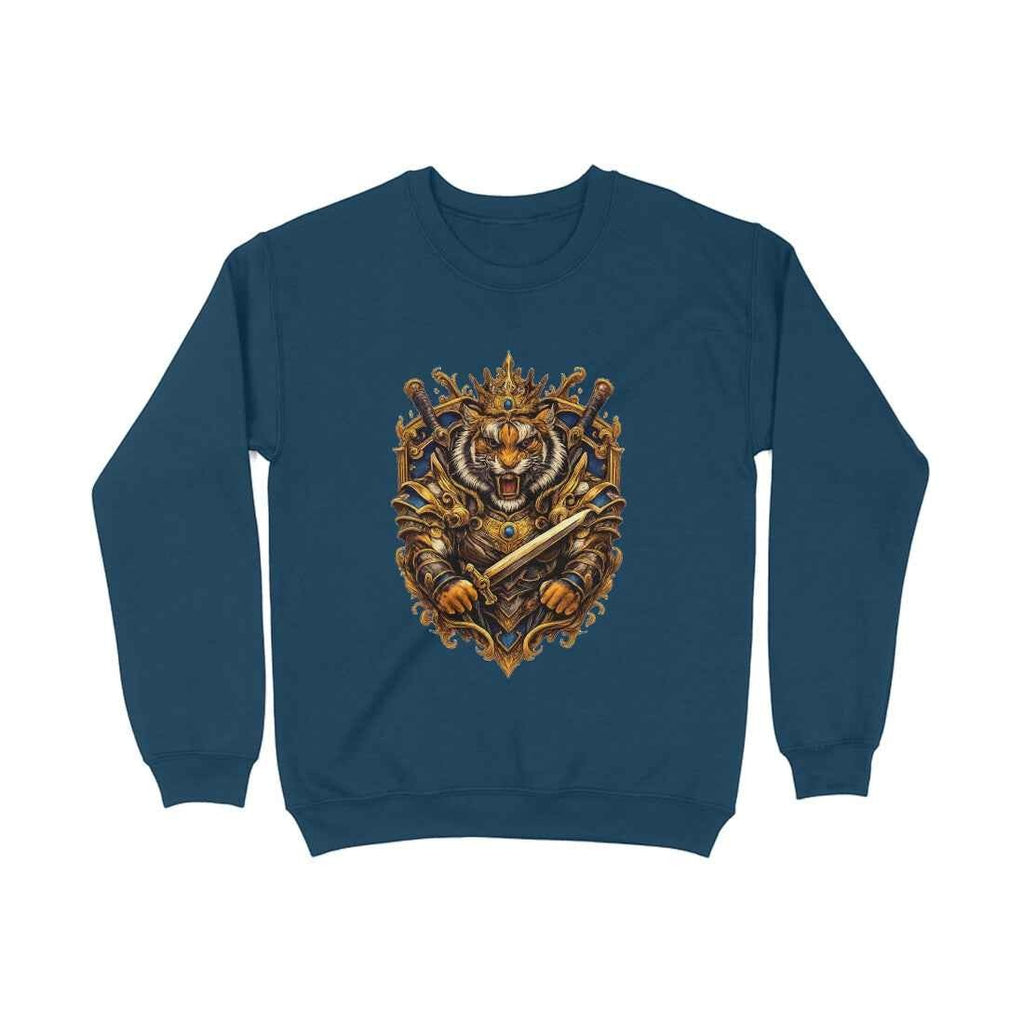 VVID Essentials Tiger King Guardian sweatshirt in navy blue, featuring a detailed graphic of a tiger in armor with a crown and sword.