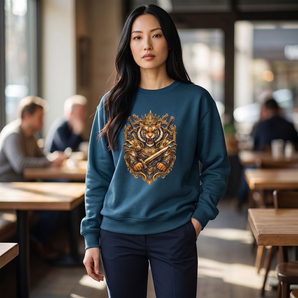 VVID Essentials Tiger King Guardian sweatshirt in navy blue, featuring a detailed graphic of a tiger in armor with a crown and sword.
