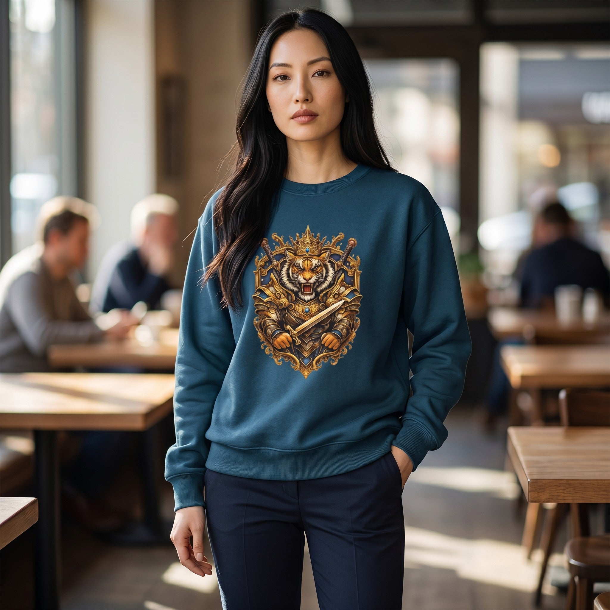 VVID Essentials Tiger King Guardian sweatshirt in navy blue, featuring a detailed graphic of a tiger in armor with a crown and sword.