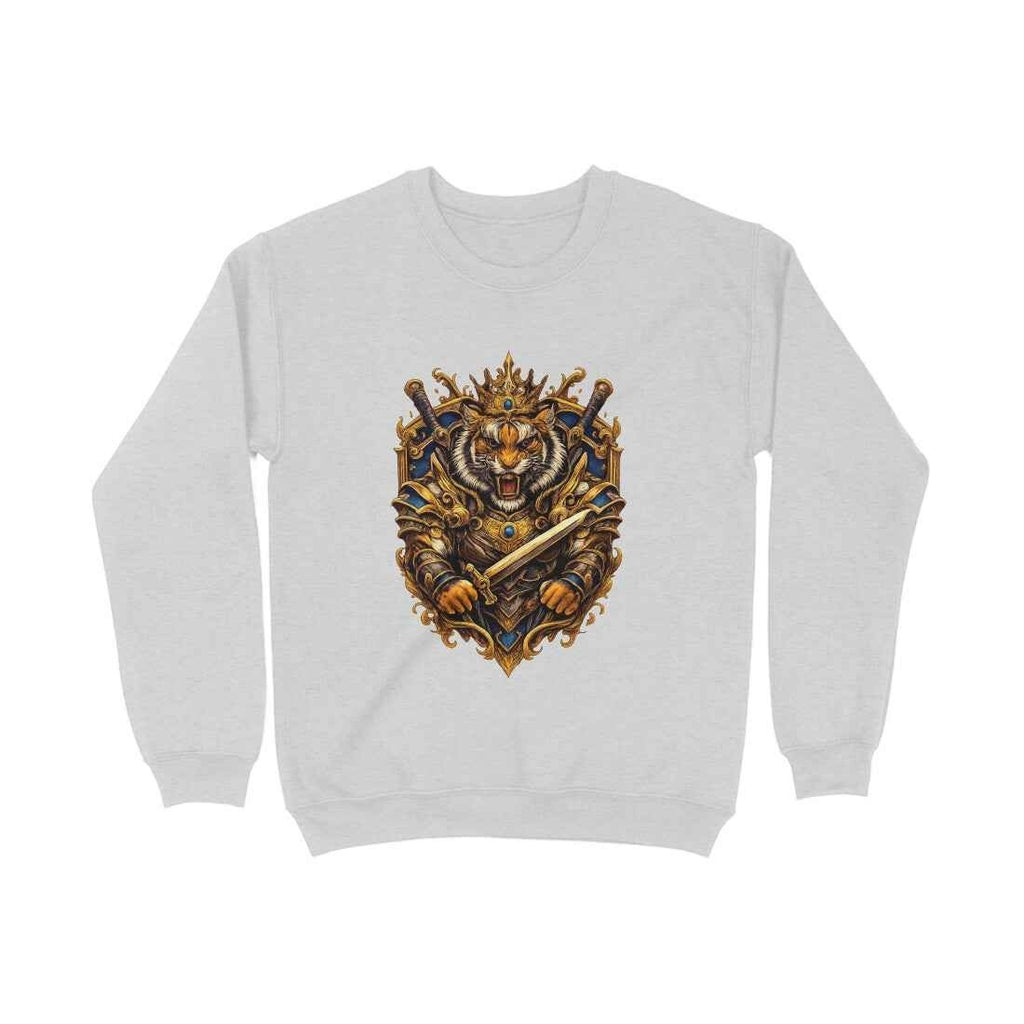 VVID Essentials white crewneck sweatshirt with a Tiger King Guardian graphic featuring a tiger wearing a crown and armor, holding a sword.