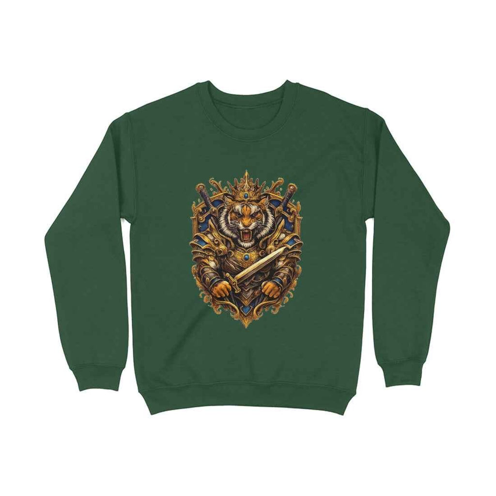 VVID Essentials green cotton sweatshirt with a fierce tiger wearing a crown and armor, holding a sword.