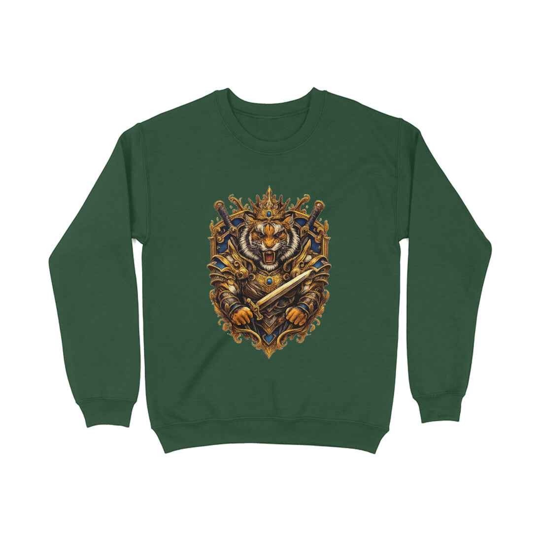 VVID Essentials green cotton sweatshirt with a fierce tiger wearing a crown and armor, holding a sword.