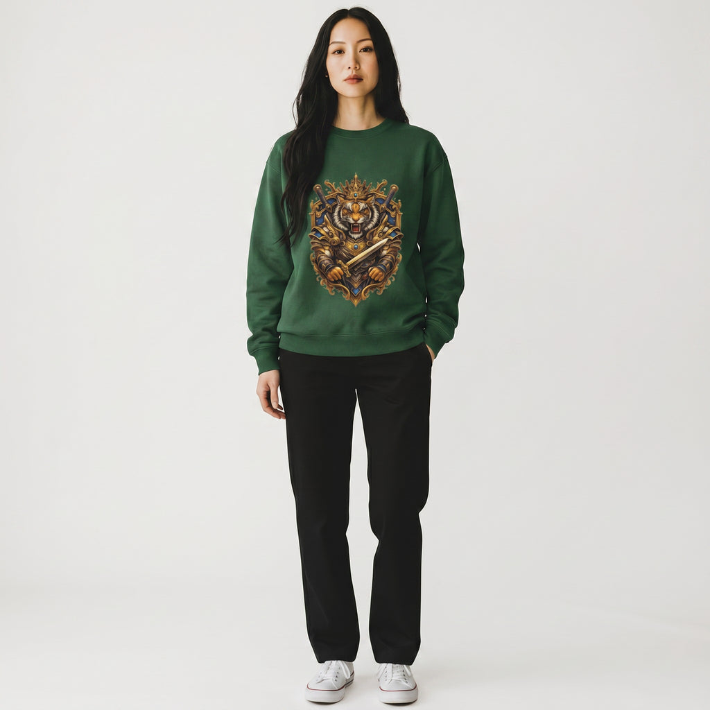 VVID Essentials green cotton sweatshirt with a fierce tiger wearing a crown and armor, holding a sword.