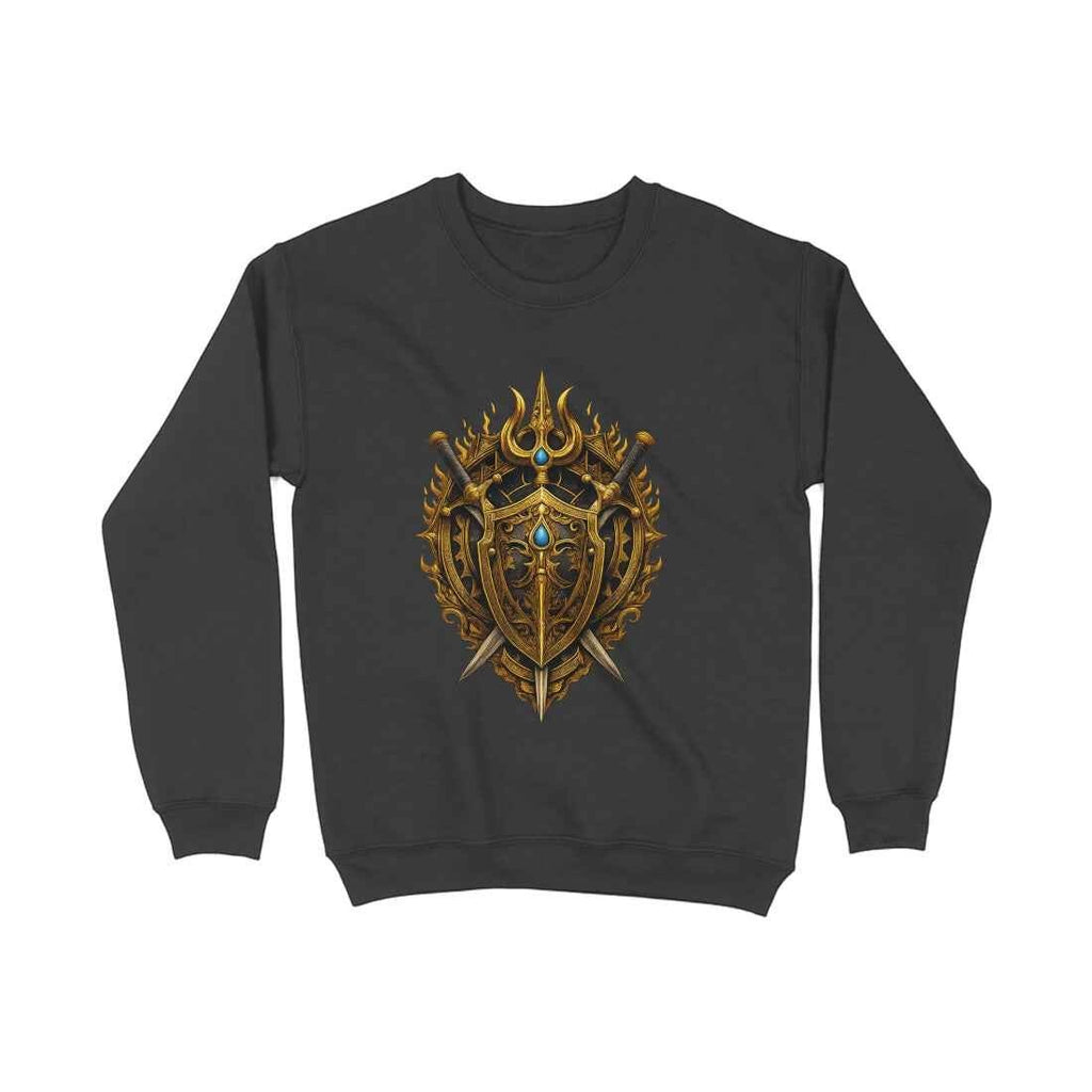 VVID Essentials dark grey crewneck sweatshirt with a detailed gold warrior crest featuring swords and blue gems.