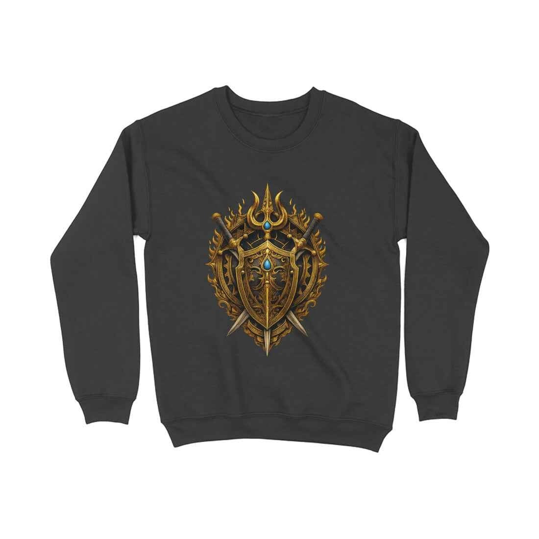 VVID Essentials dark grey crewneck sweatshirt with a detailed gold warrior crest featuring swords and blue gems.