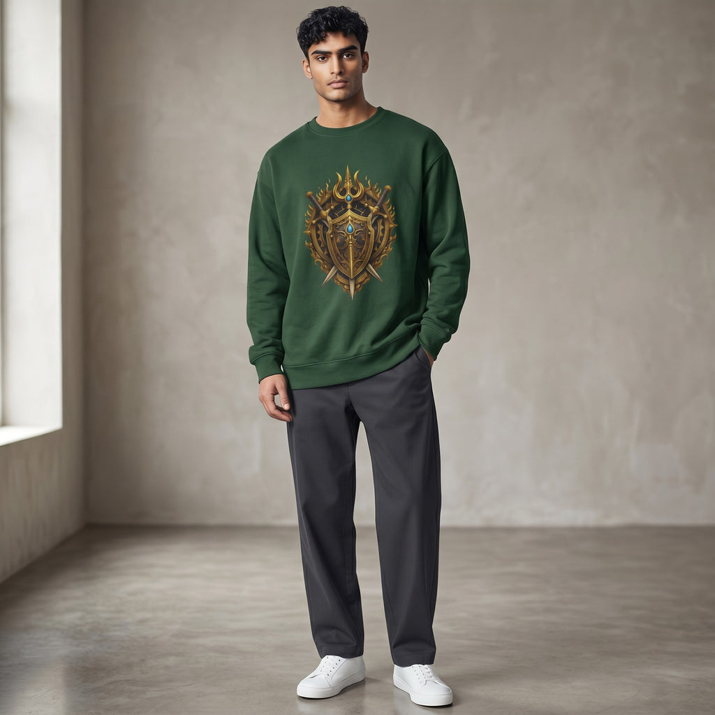 VVID Essentials green cotton-blend crewneck sweatshirt with a detailed gold warrior crest print featuring swords and flames.