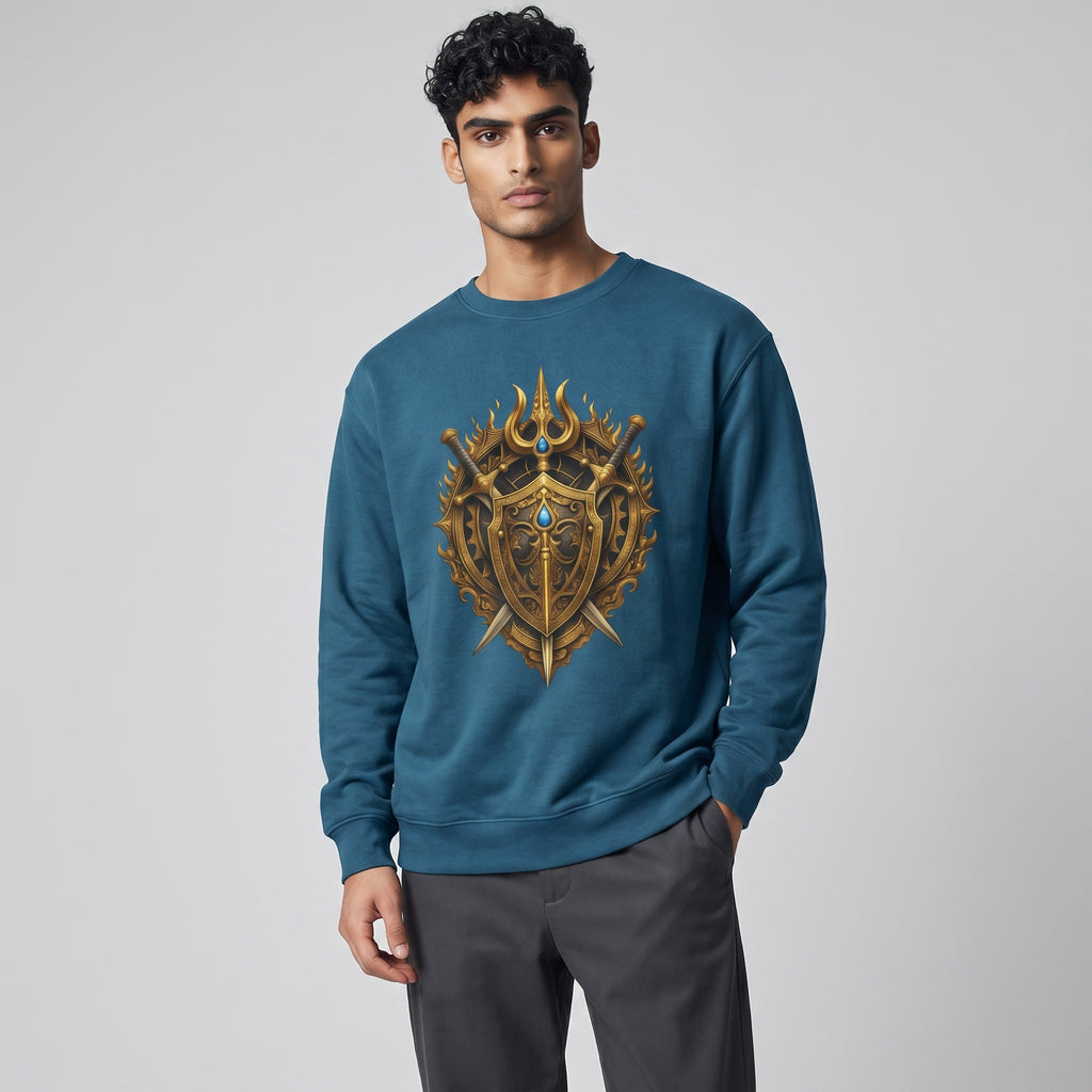 VVID Essentials Warrior Crest Sweatshirt in deep teal with a gold crest featuring swords and flames. Premium cotton blend.