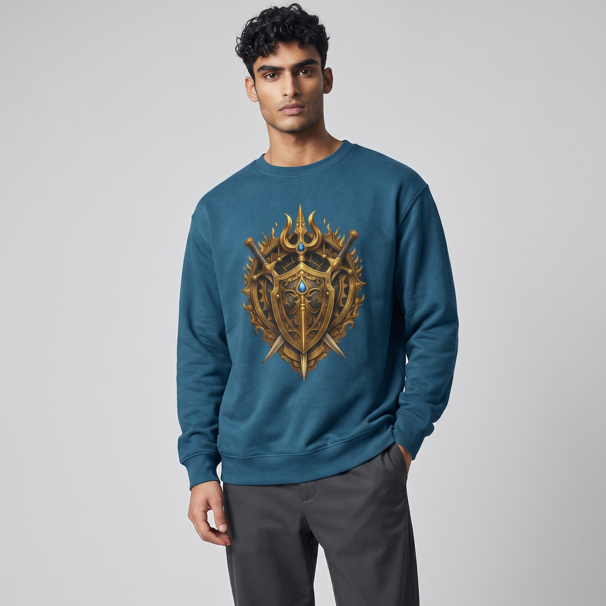 VVID Essentials Warrior Crest Sweatshirt in deep teal with a gold crest featuring swords and flames. Premium cotton blend.