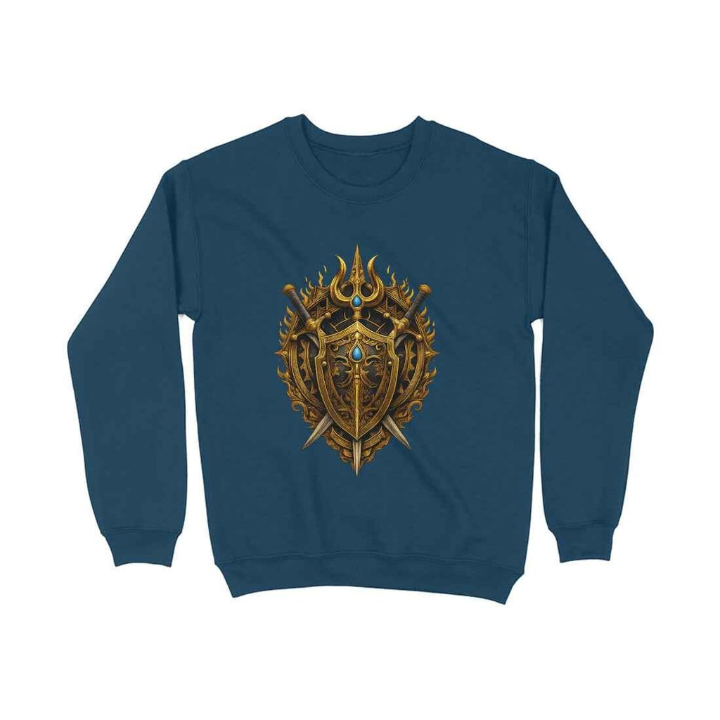 VVID Essentials Warrior Crest Sweatshirt in deep teal, featuring a golden crest with swords and flames. Premium cotton blend.