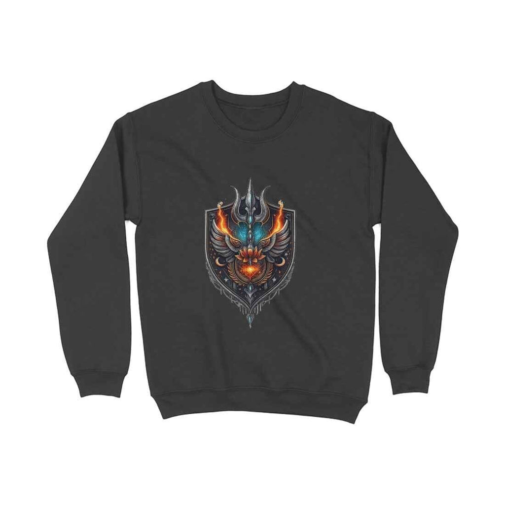 VVID Essentials Warrior Shield Sweatshirt in charcoal grey, featuring a detailed emblem with fiery wings and a trident.