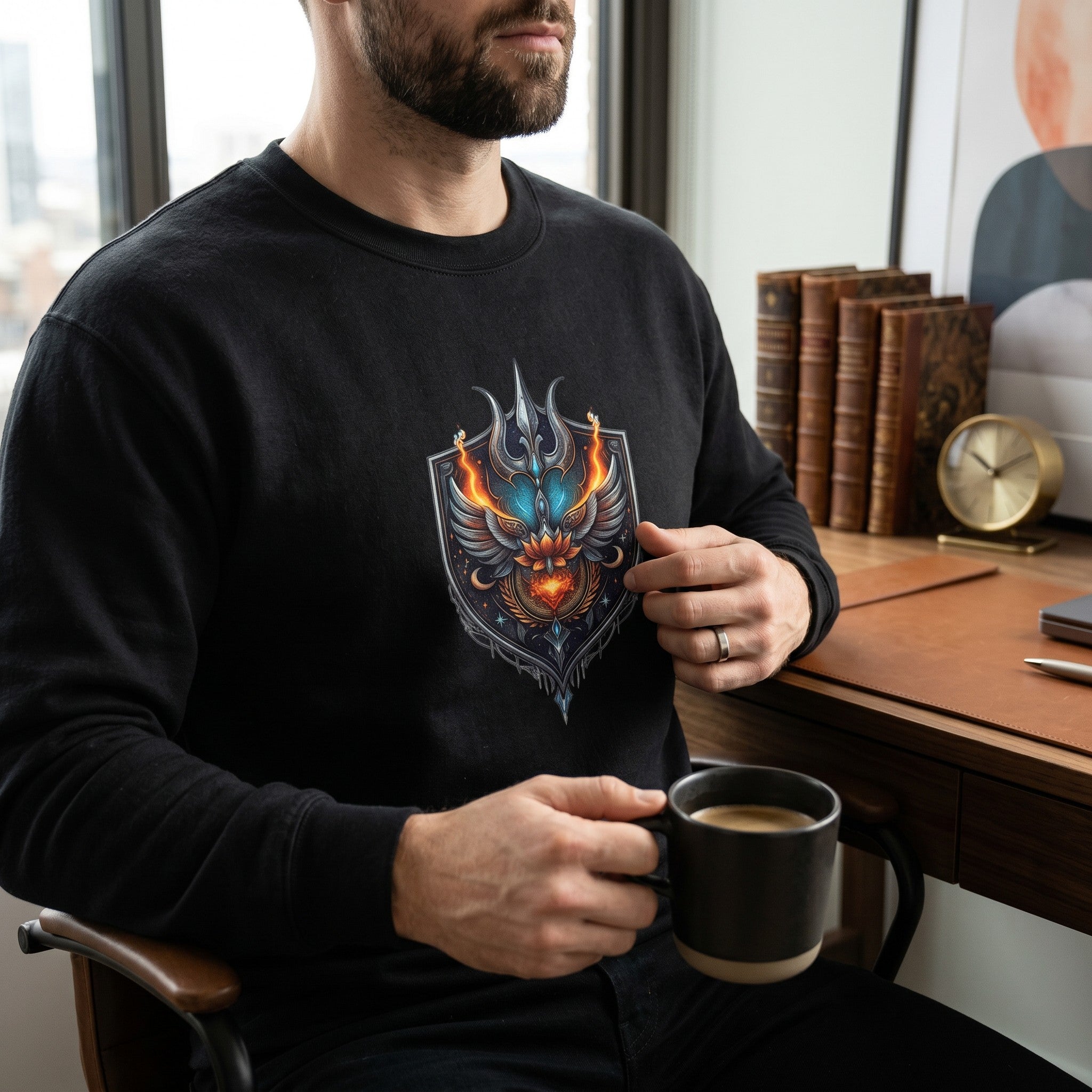 VVID Essentials Warrior Shield Sweatshirt in charcoal grey, featuring a detailed emblem with fiery wings and a trident.