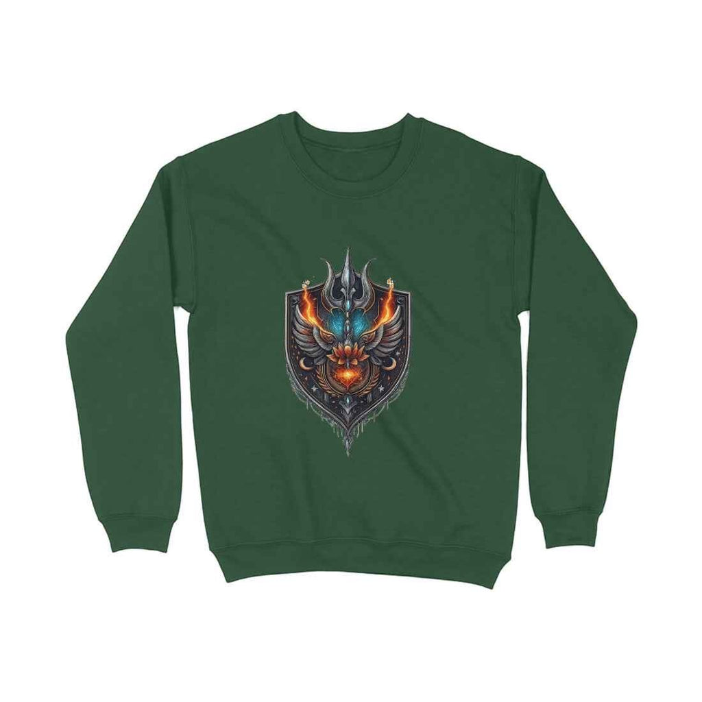 VVID Essentials green crewneck sweatshirt with a detailed warrior shield emblem featuring fiery wings and celestial elements.