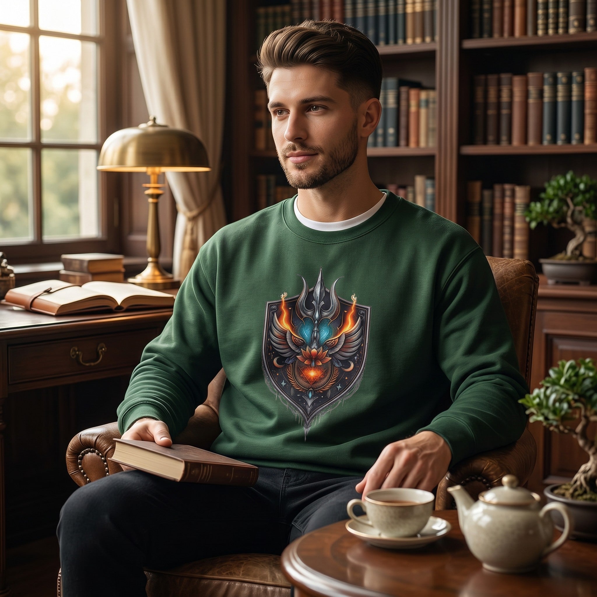 VVID Essentials Warrior Shield Sweatshirt in deep green, featuring a detailed emblem with fiery wings and a trident. Made from heavyweight cotton blend fleece.