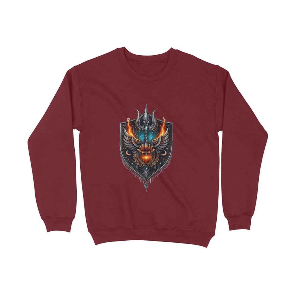 VVID Essentials Warrior Shield Sweatshirt in maroon, featuring a detailed emblem with wings, fire, and a trident. Made from heavyweight cotton blend fleece.