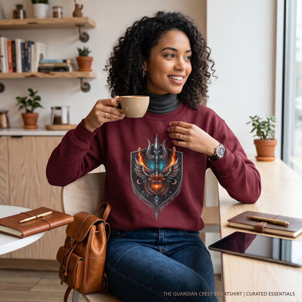VVID Essentials Warrior Shield Sweatshirt in maroon, featuring a detailed emblem with wings, fire, and a trident. Made from heavyweight cotton-blend fleece.