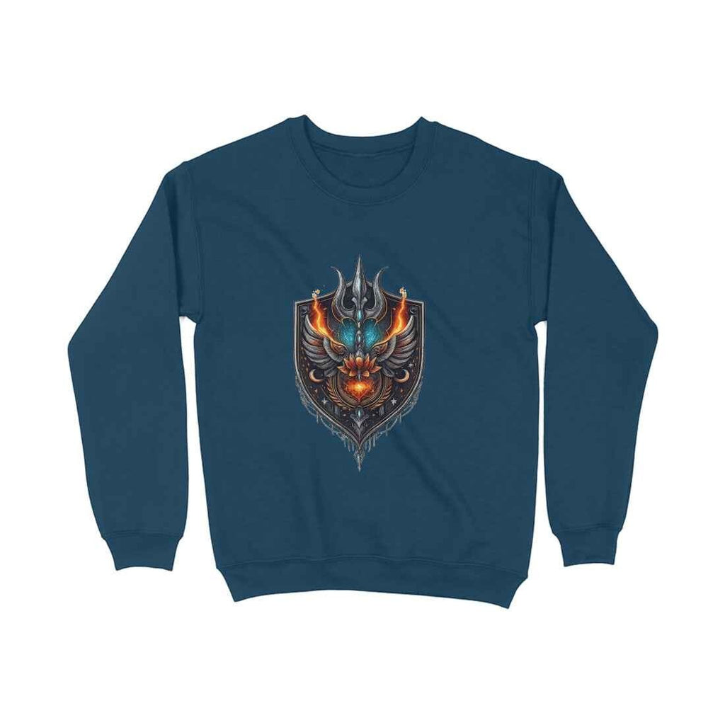 VVID Essentials Warrior Shield Sweatshirt in deep teal, featuring a detailed emblem with wings, fire, and a trident. Made from heavyweight cotton blend.