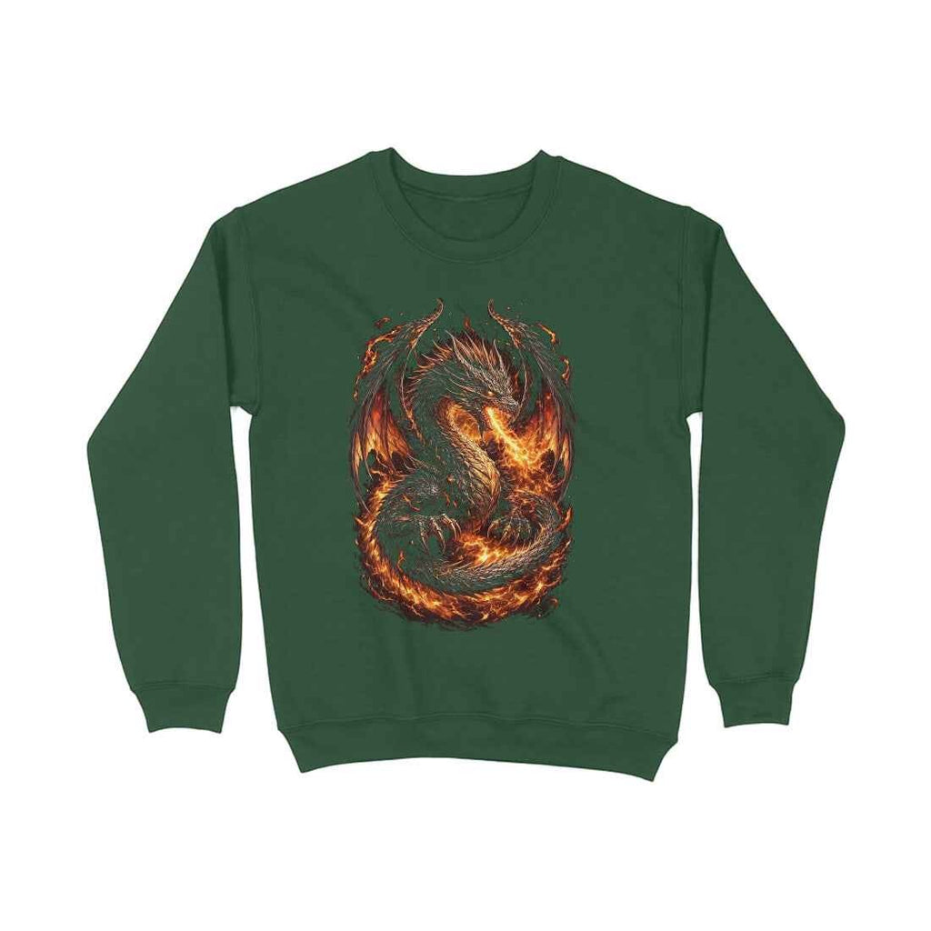 VVID - Fire Dragon Guardian sweatshirt in deep green, featuring a detailed dragon surrounded by flames. Premium heavyweight cotton blend.