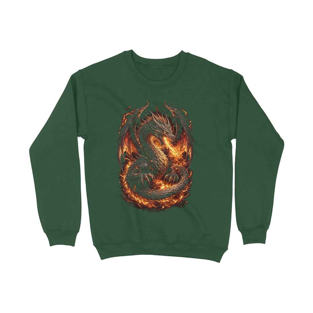 VVID - Fire Dragon Guardian sweatshirt in deep green, featuring a detailed dragon surrounded by flames. Premium heavyweight cotton blend.